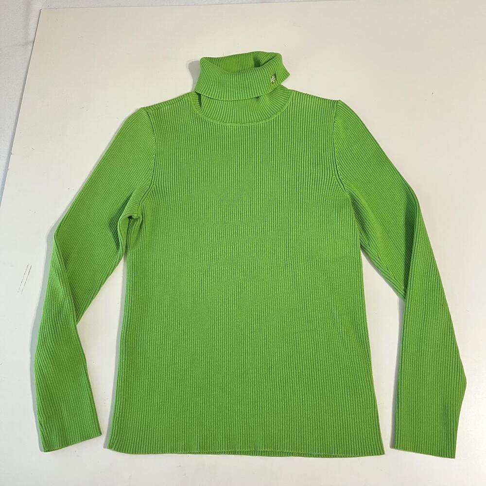 Ralph Lauren Sweater Womens Large Brat Green Ribbed Turtleneck Top Cotton y2k